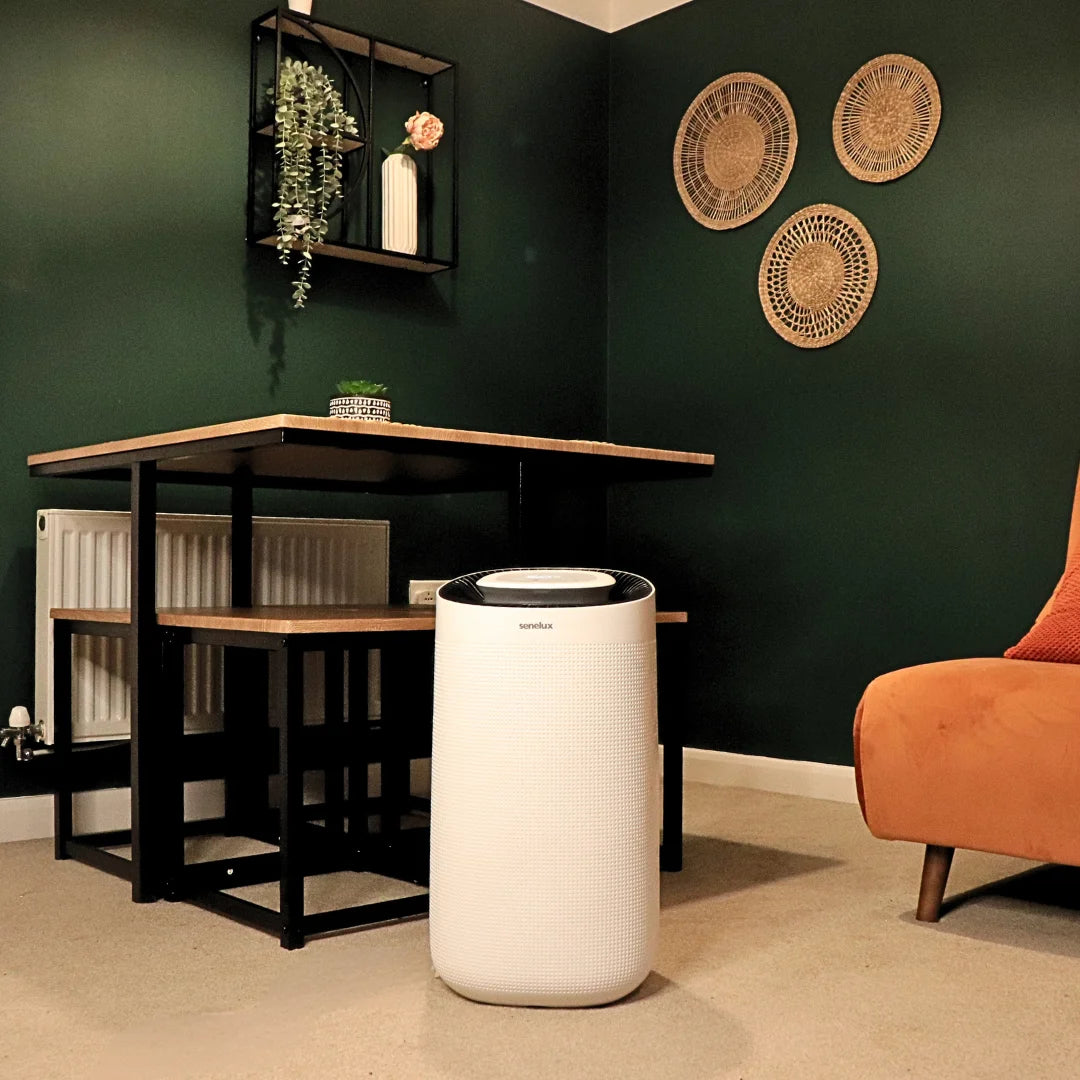 A Senelux dehumidifier in the middle of a living room with green walls and a table behind it