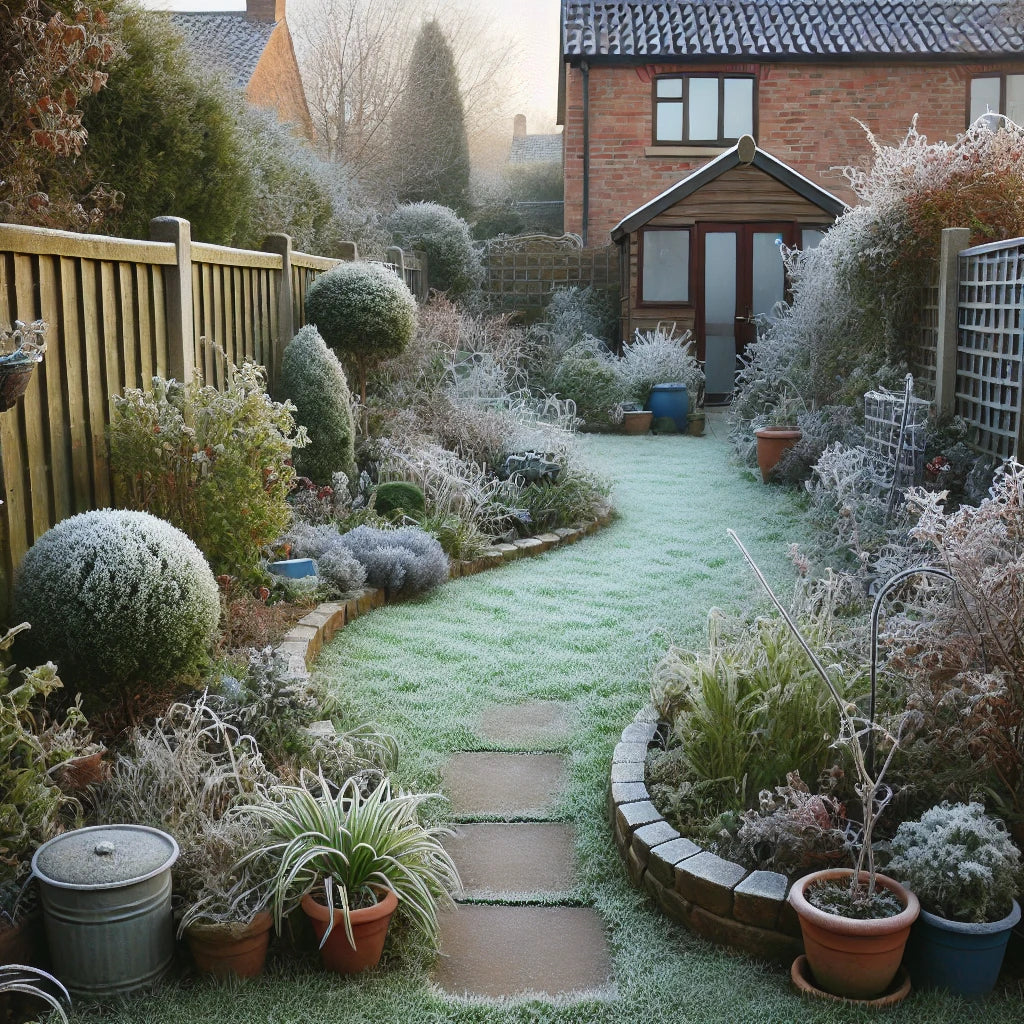 A winter back garden for a UK with frost covered grass and paving stones