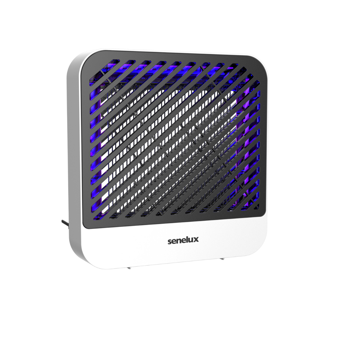 The Senelux 5W wall mounted bug zapper with a purple UV light switched on