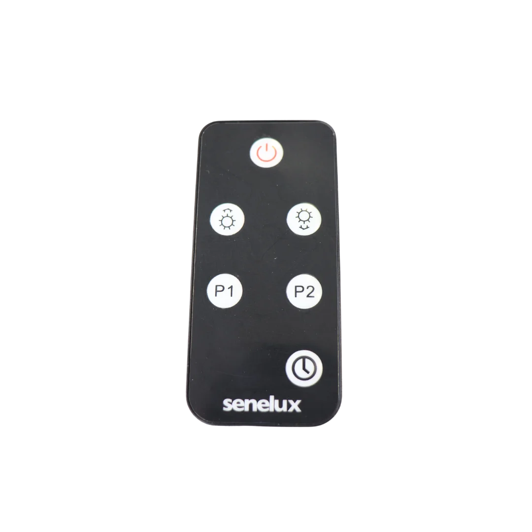 The remote control for the garden heater with a black and silver colour scheme