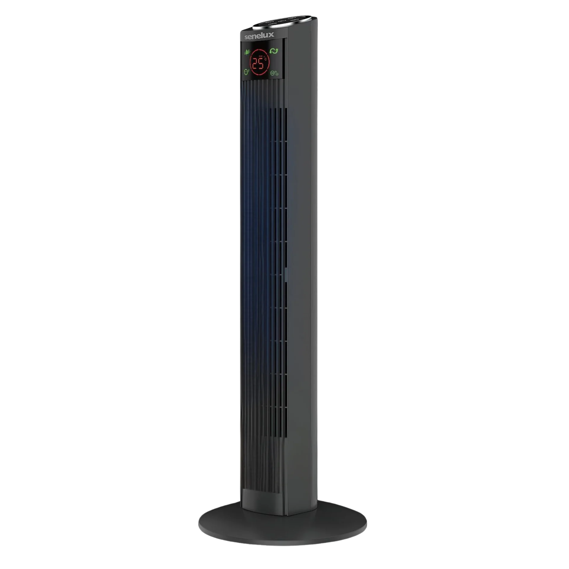 A picture of an all black 36 inch Senelux tower fan with an LED wind speed display located near the top.