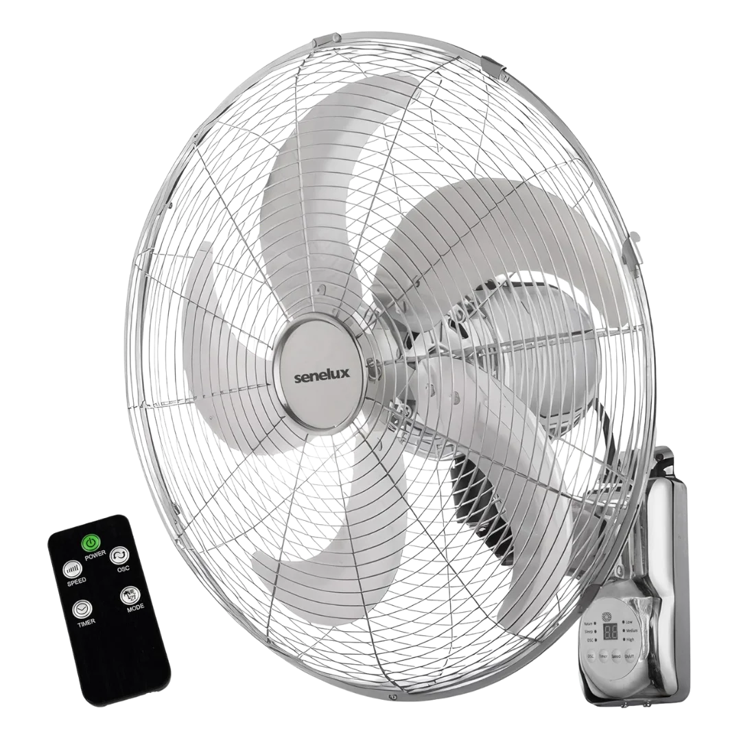 A close up of the Senelux chrome wall mounted fan with the optional remote shown on the lower left hand side of the image