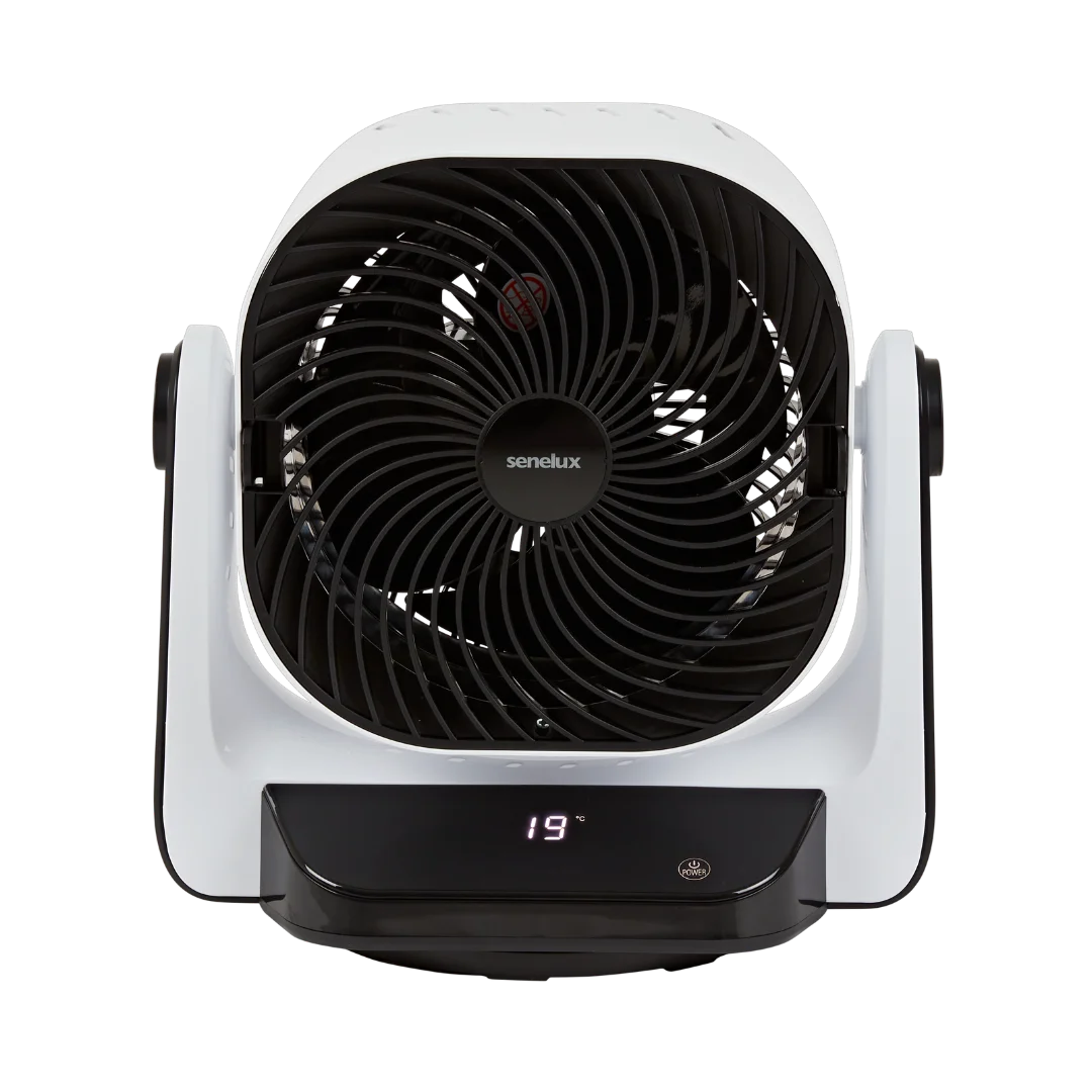 A close up image of the Senelux DC Air Circulator with the LED display along the bottom showing that the room is 19 degrees