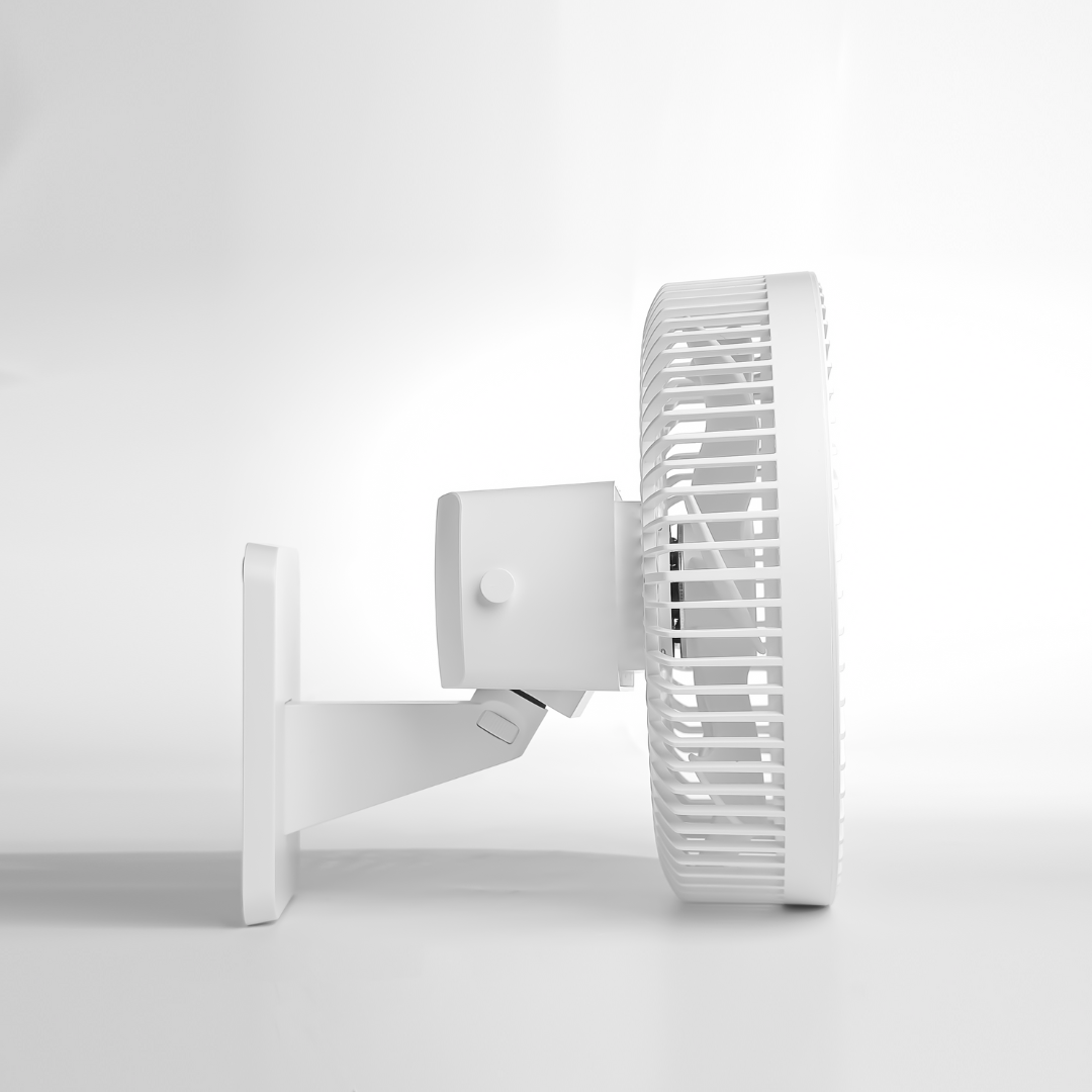 A photo of the Senelux 10 inch wall mounted fan shown side on demonstrating the space saving design of this cooling fan.