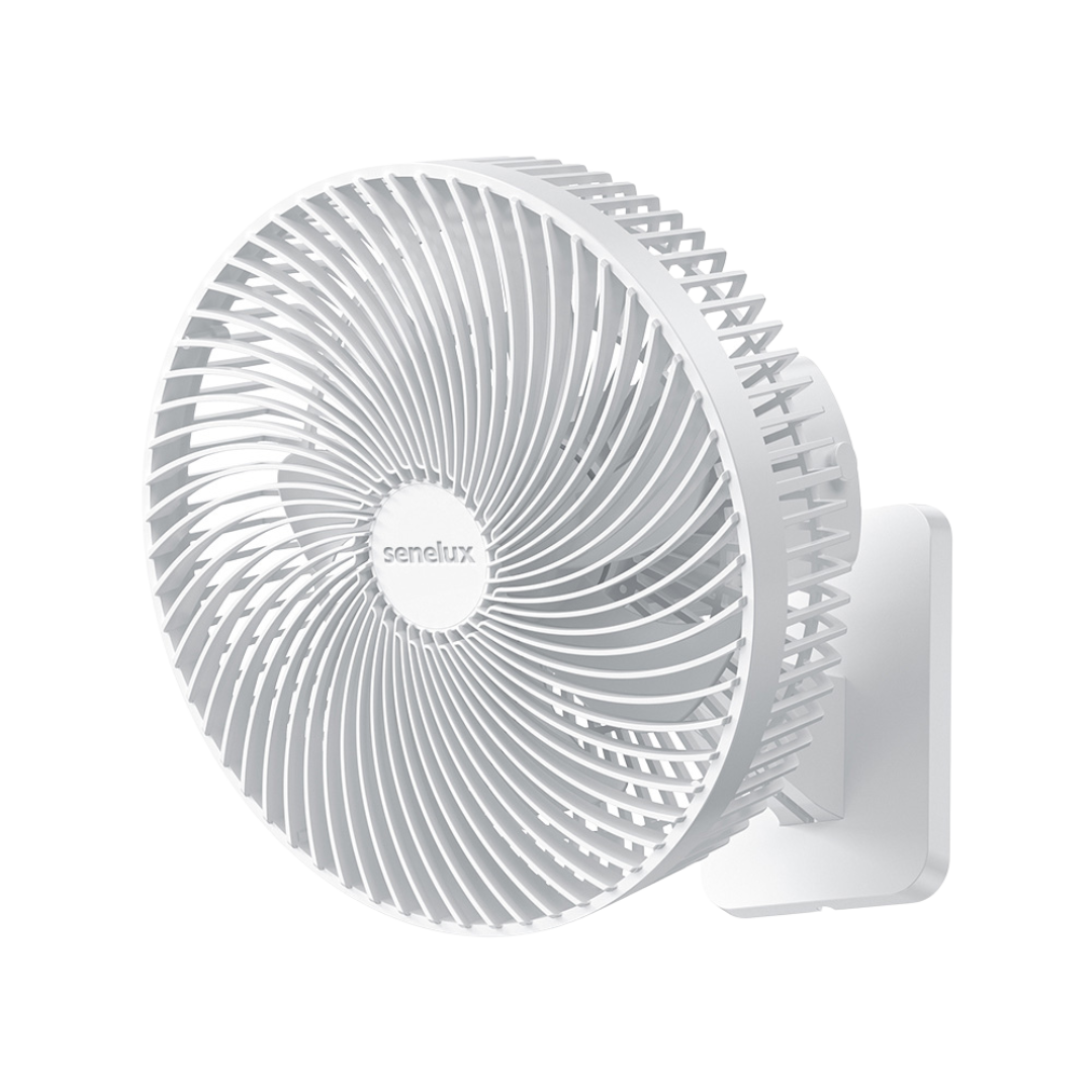 The Senelux 10 inch wall fan against a white background with the Senelux logo in the middle of the fan